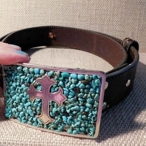 Nocona Leather Belt with Turquoise + Cross Buckle